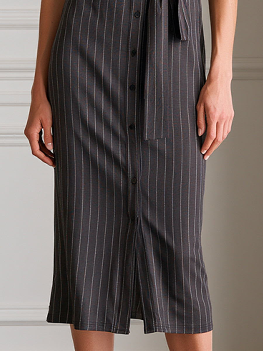 Dark Gray Vertical Pinstripe Collared Shirt Midi Dress