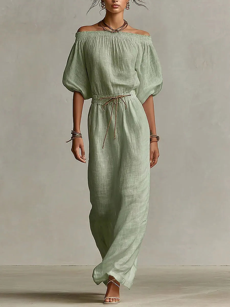 Women's Solid-color Off-the-shoulder 3/4-sleeve Casual Loose Cotton-linen Dress