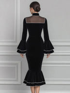 Velvet Mock-Neck Mesh-Yoke Ruffle-Sleeve Mermaid Midi Dress