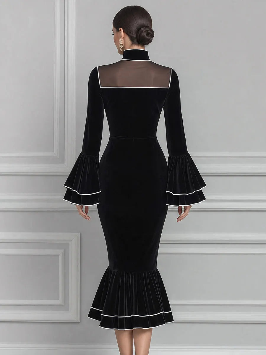Velvet Mock-Neck Mesh-Yoke Ruffle-Sleeve Mermaid Midi Dress