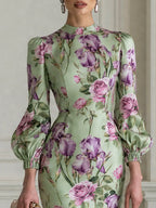Vintage Rose Iris Floral Print Fitted Midi Dress