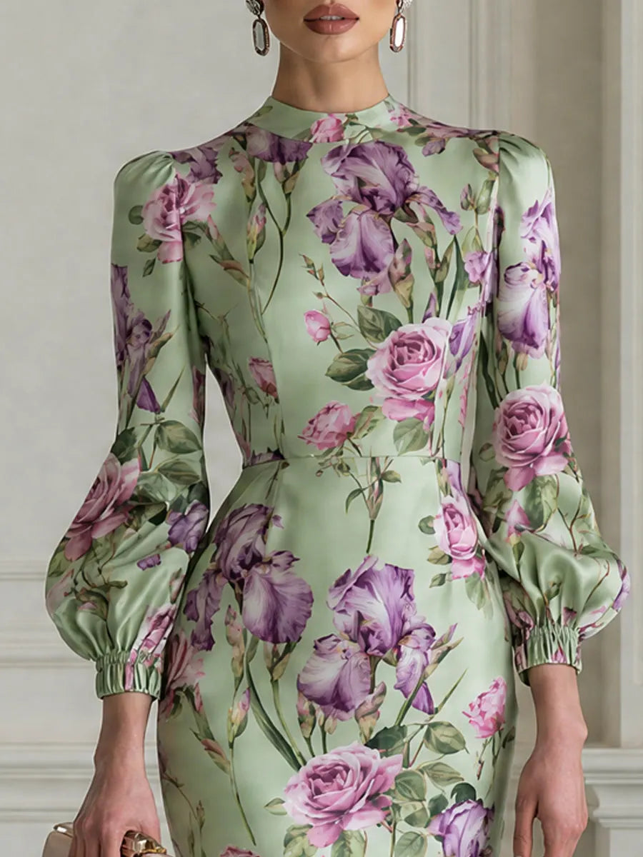 Vintage Rose Iris Floral Print Fitted Midi Dress