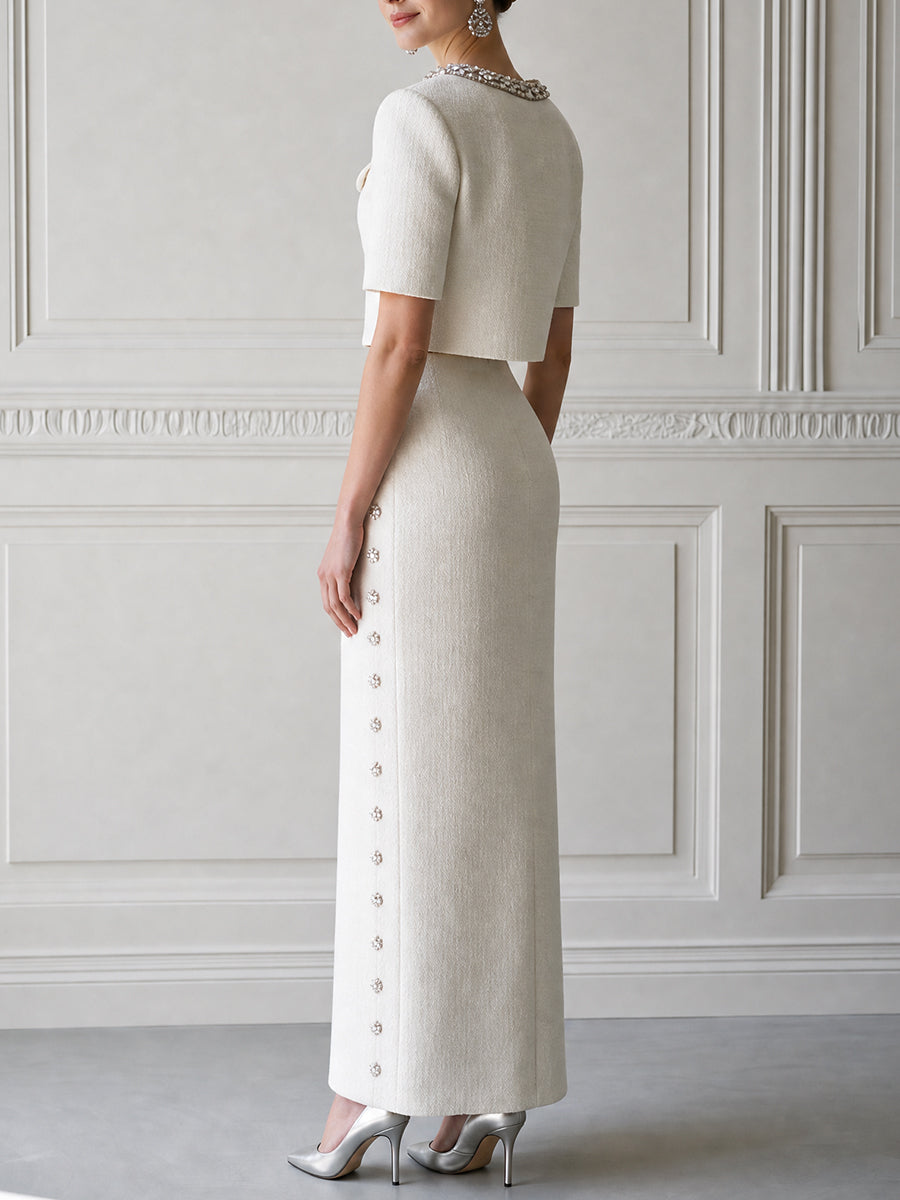 Tweed Crystal-Embellished Cropped Jacket & Maxi Skirt Two-Piece Set