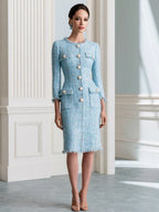 Elegant Sparkle Tweed Pearl Buttons Midi Dress