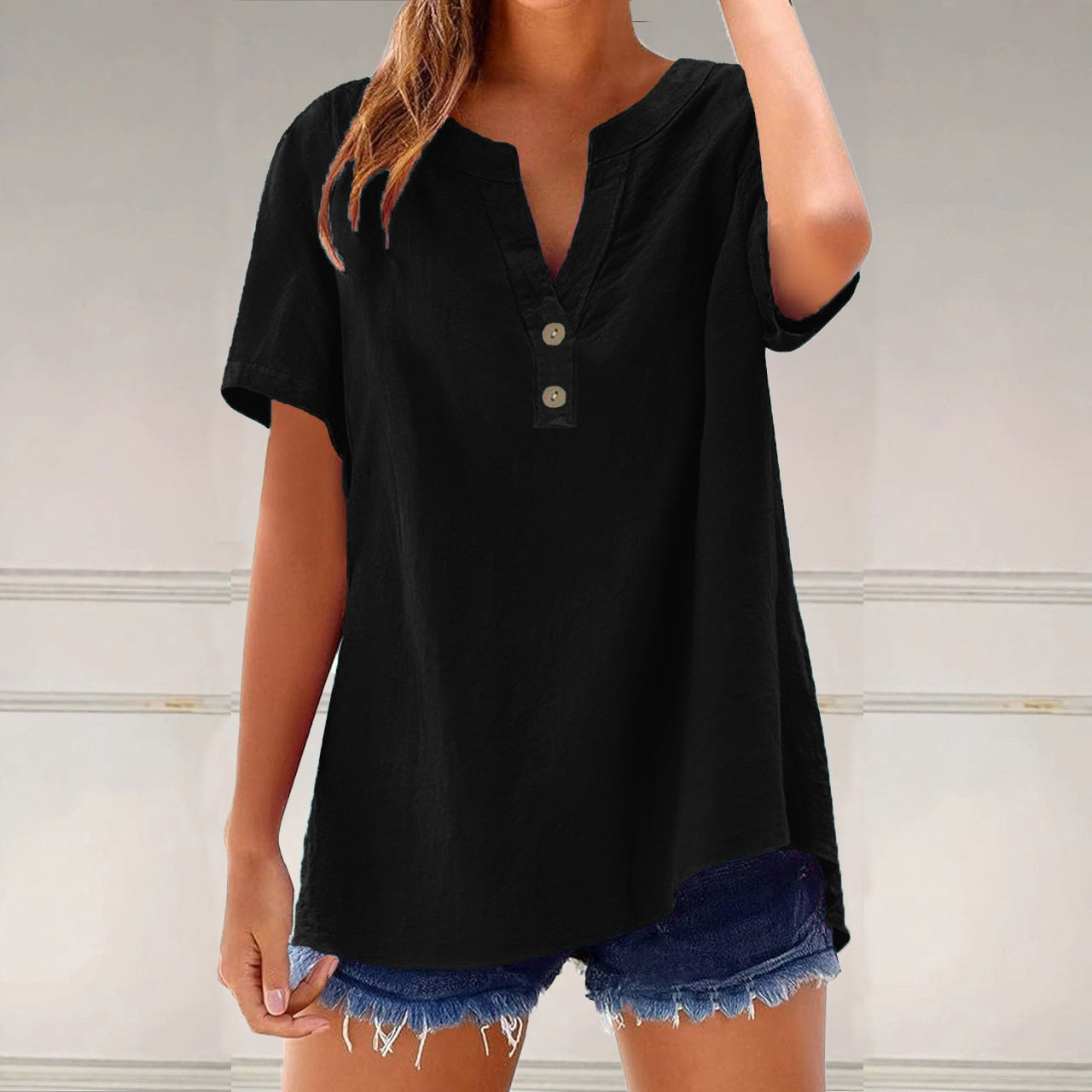 Solid Color Linen Blended V-neck Loose Blouse