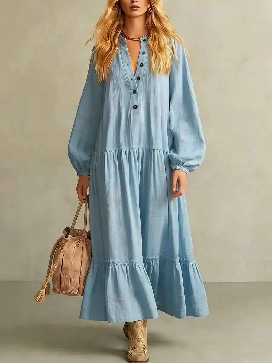 Women's Solid Color Long Sleeve Button Art Casual Stylish Cotton Linen Dress