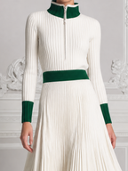 White Dress Preppy Stockholm Style Contrast Ribbed Knit Pleated Midi Dress