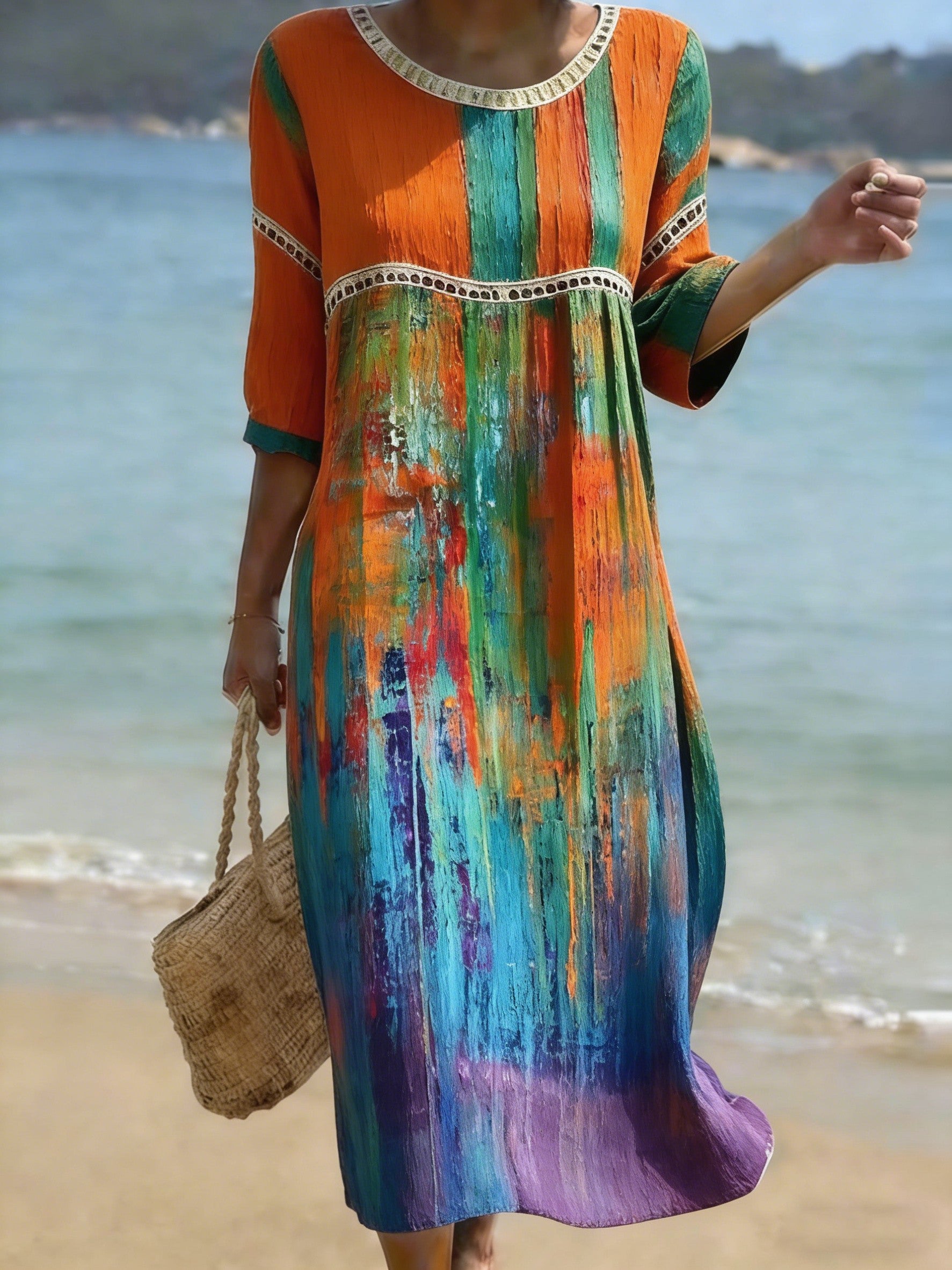 Women's Abstract Textured Print Crew Neck Cotton Pocket Dress
