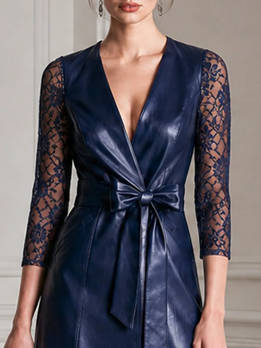 Faux Leather 3/4 Lace Sleeves Wrap Midi Dress