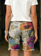 Women's Floral Art-printed Casual Brushed Denim Shorts