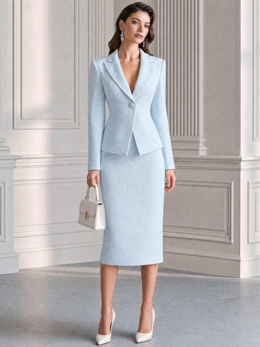 Elegant Jacquard Blazer & Pencil Skirt Two-Piece Suit Set