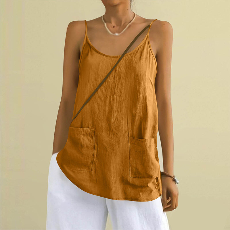 Women's Solid Color Sleeveless Linen Blend Pocket Camisole