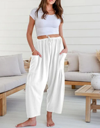 Womens Linen Wide Leg Pants Casual Loose Beach Palazzo Harem Pants with Pockets Summer Outfit