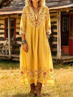 Women's Rose Floral Print 3/4 Sleeve Pocket Dress