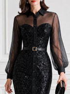 Square Buckle Belt Sweetheart Sequin Glitter Midi Dress