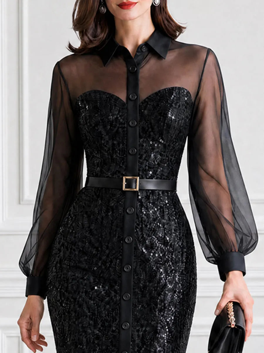 Square Buckle Belt Sweetheart Sequin Glitter Midi Dress
