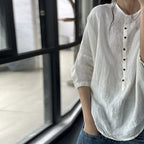 Vintage Plain Crew Neck Button Cotton Linen Casual Shirt