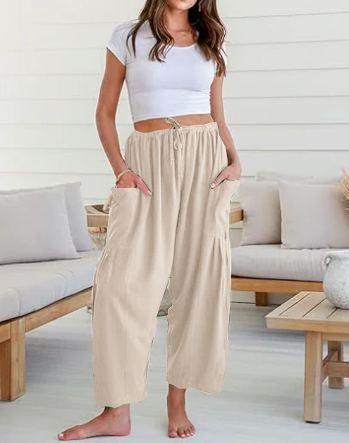 Womens Linen Wide Leg Pants Casual Loose Beach Palazzo Harem Pants with Pockets Summer Outfit
