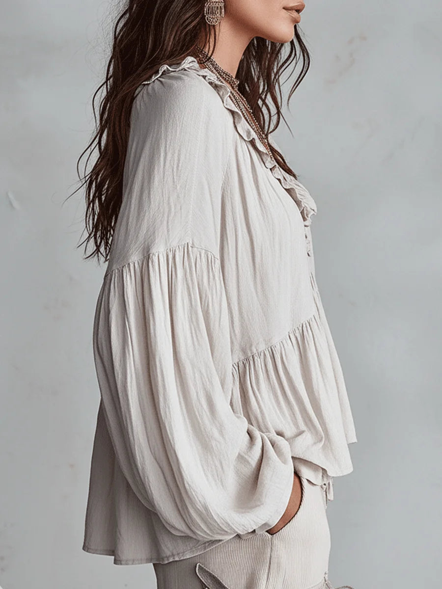 Women's Solid Color Retro Ruffled Casual Cotton Linen Shirt