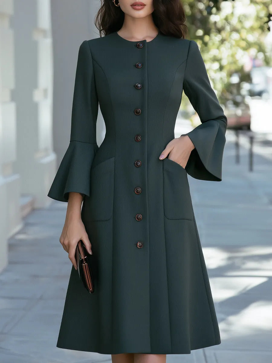 Button-Front Flared Sleeve Patch Pockets Midi Dress