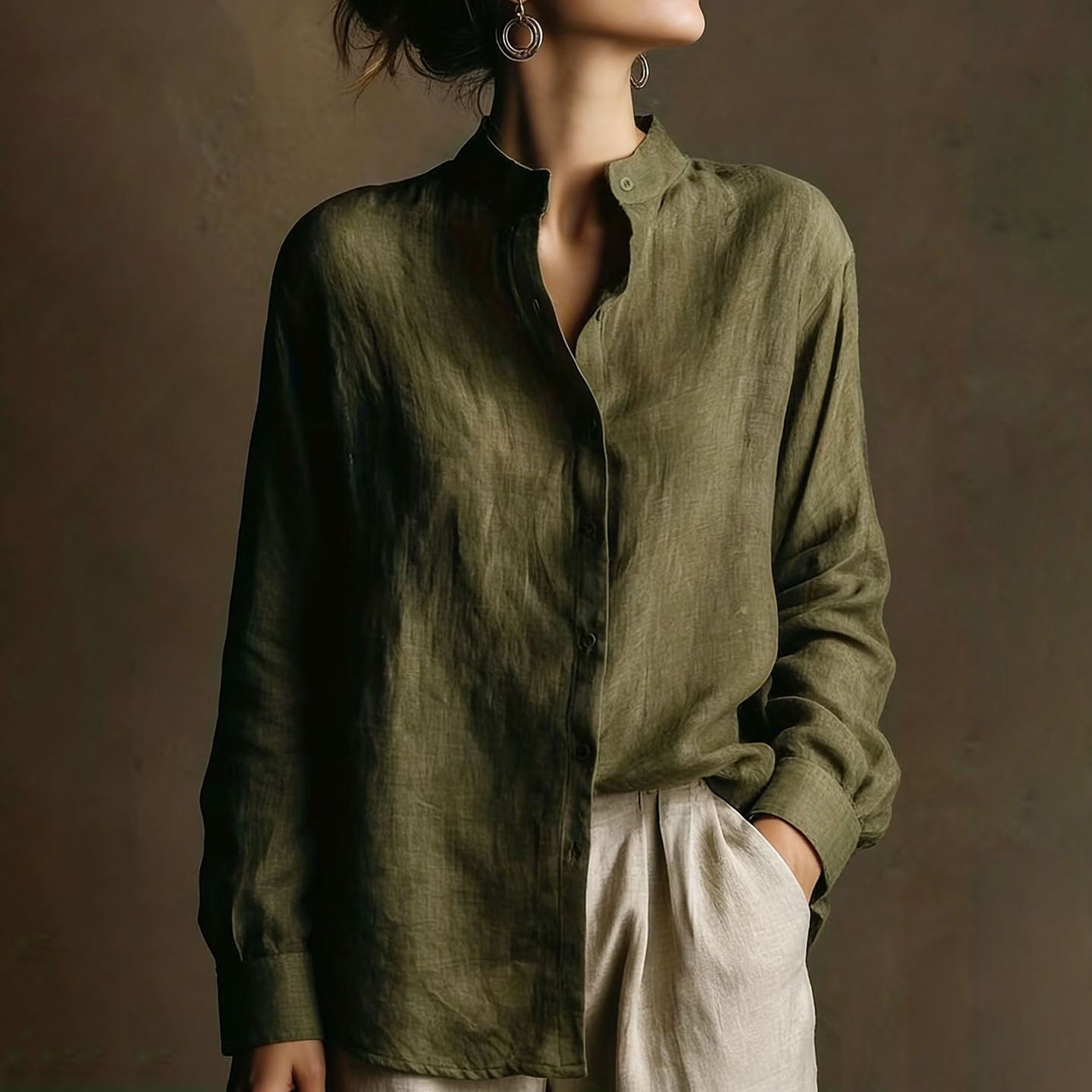 Vintage Loose Cotton Linen Stand Collar Long Sleeved Shirt