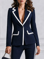 Navy White Contrast Piping Blazer & Flare Pants Set