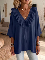 Women's Solid-color Ruffled V-neck 3/4-sleeve Casual Loose Cotton-linen Top