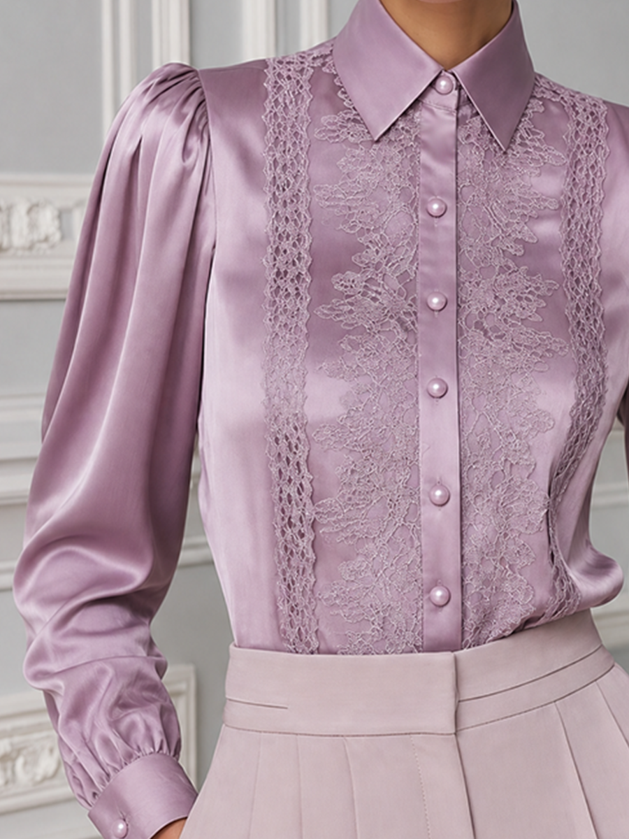Mauve Satin Lace Puff Sleeve Button Front Blouse