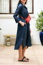 Women's Elegant A-Line Dress with Three-Quarter Sleeves & Practical Pockets