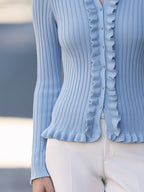 Ruffle-Trim Ribbed Button-Front Knit Cardigan