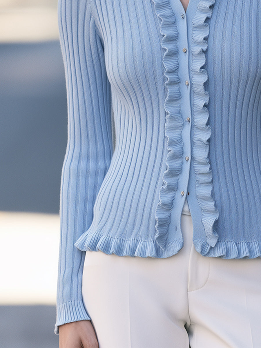 Ruffle-Trim Ribbed Button-Front Knit Cardigan