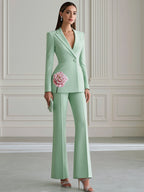 Floral Embellished Tailored Blazer And Wide-Leg Pants Set