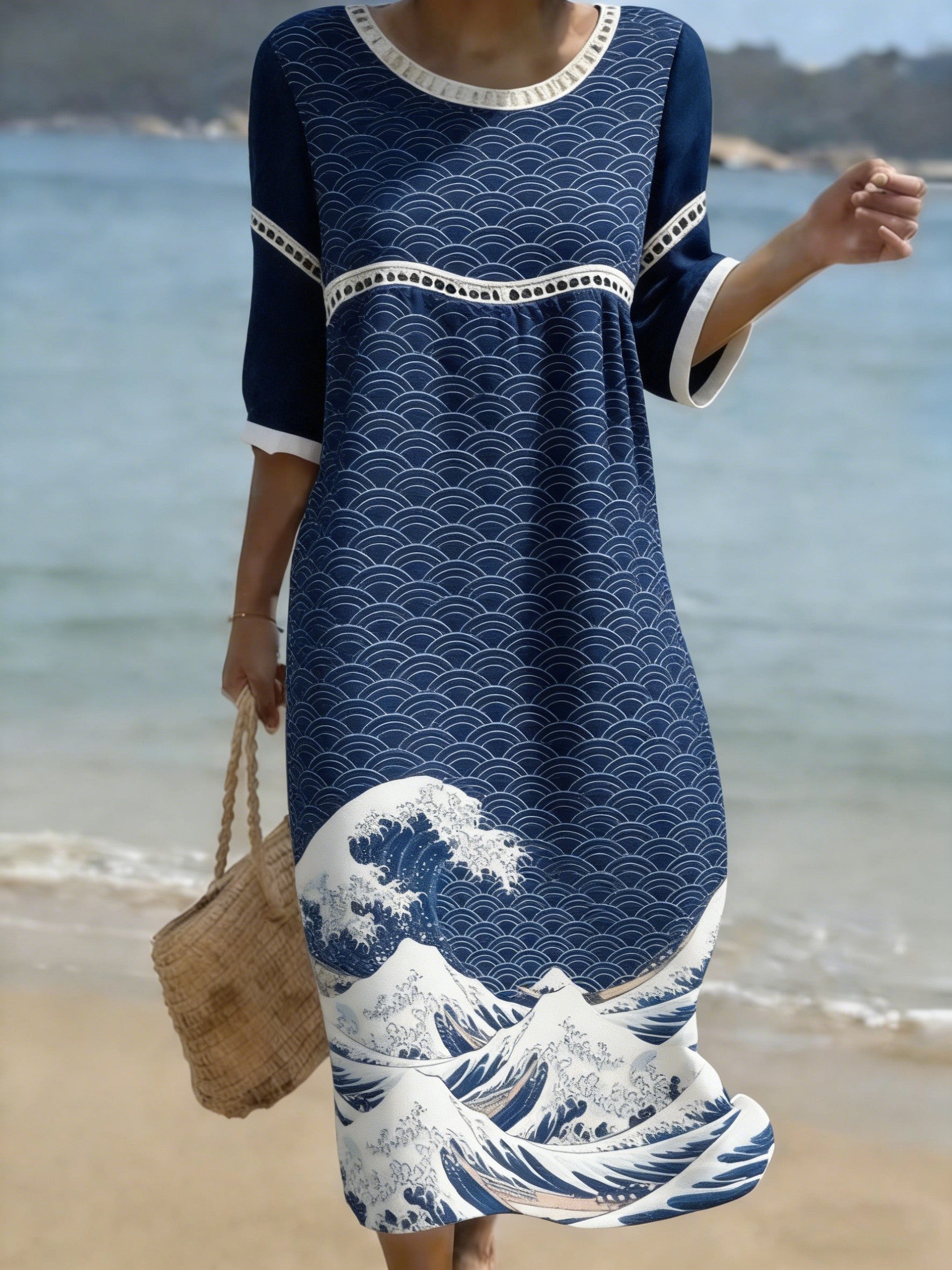 Women's Chinese Style Print Crew Neck Cotton Pocket Dress