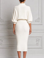 White Dress Stockholm Style Ribbed Knit Turtleneck Pencil Midi Dress