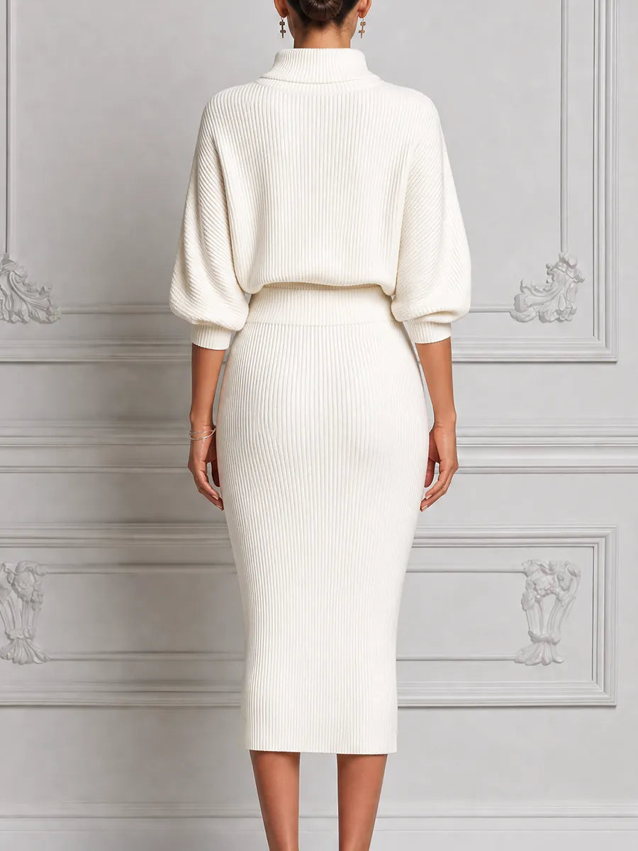 White Dress Stockholm Style Ribbed Knit Turtleneck Pencil Midi Dress