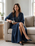 Textured Long Sleeve Button-Front Maxi Shirt Dress