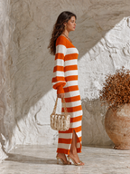 Resort-style One-shoulder Striped Lantern Long-sleeved Knitted Midi Dress