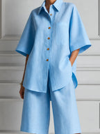 Sky Blue Linen Shirt & Bermuda Shorts Two-Piece Set