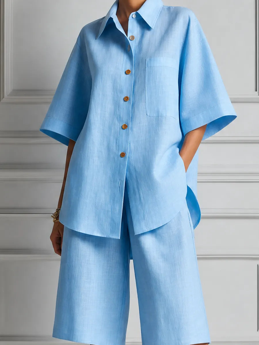 Sky Blue Linen Shirt & Bermuda Shorts Two-Piece Set