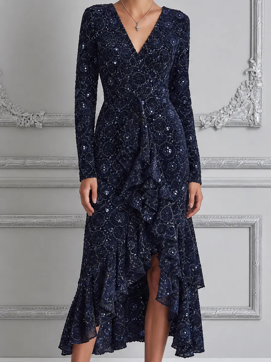 Navy Lace Dress Fall Wedding Guest Dress Ruffle High Low Midi Dress