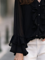 Ruffled Chiffon V-Neck Tiered Bell Cuffs Blouse