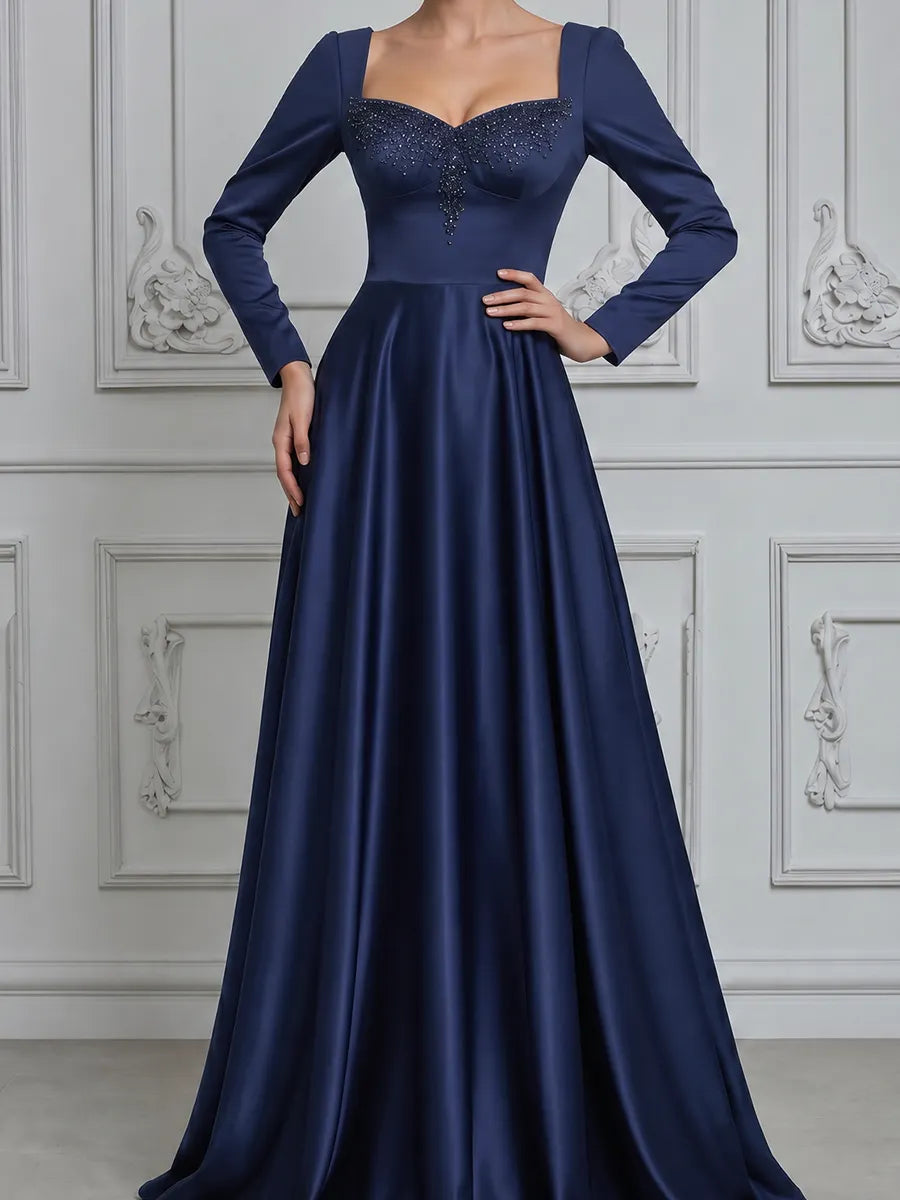 Navy Dress Fall Wedding Guest Dress Satin Embellished Ball Gown Maxi Dress