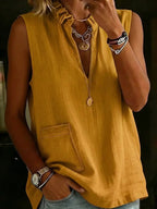 Women's Casual Stylish V- Collar Sleeveless Cotton-linen Top