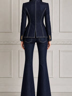 Navy Denim Preppy Fall Fashion Blazer & Flare Pants Set