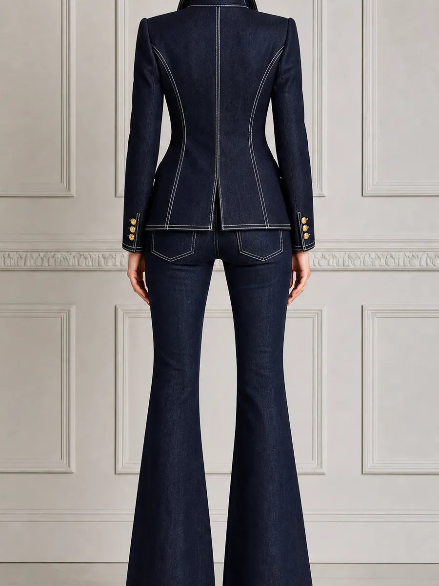 Navy Denim Preppy Fall Fashion Blazer & Flare Pants Set