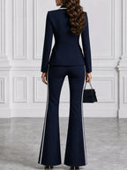 Navy White Contrast Piping Blazer & Flare Pants Set