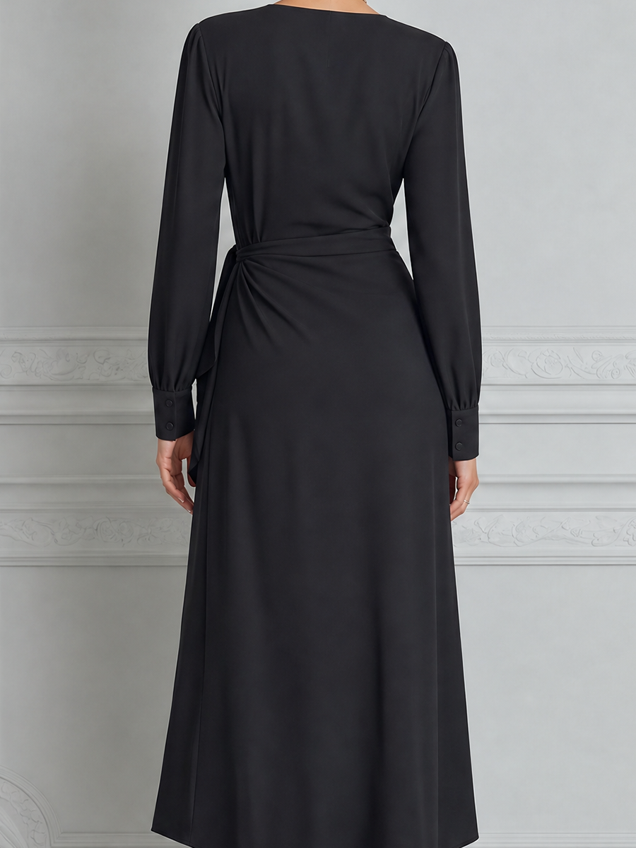 Black Dress Fall Wedding Guest Dress Wrap Ruffle Midi Dress