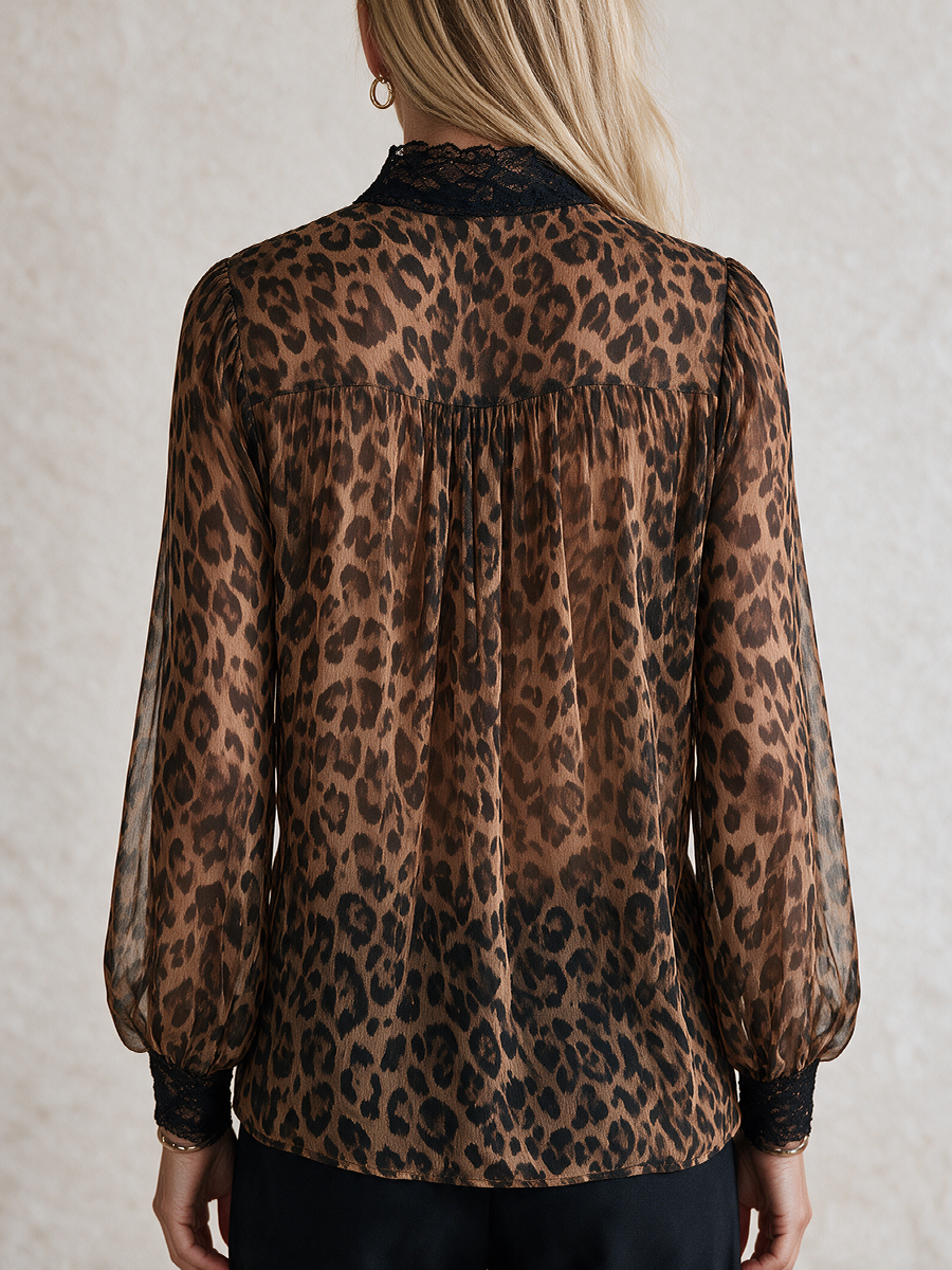 Boho Luxe Leopard Lace Trim Chiffon Blouse Top