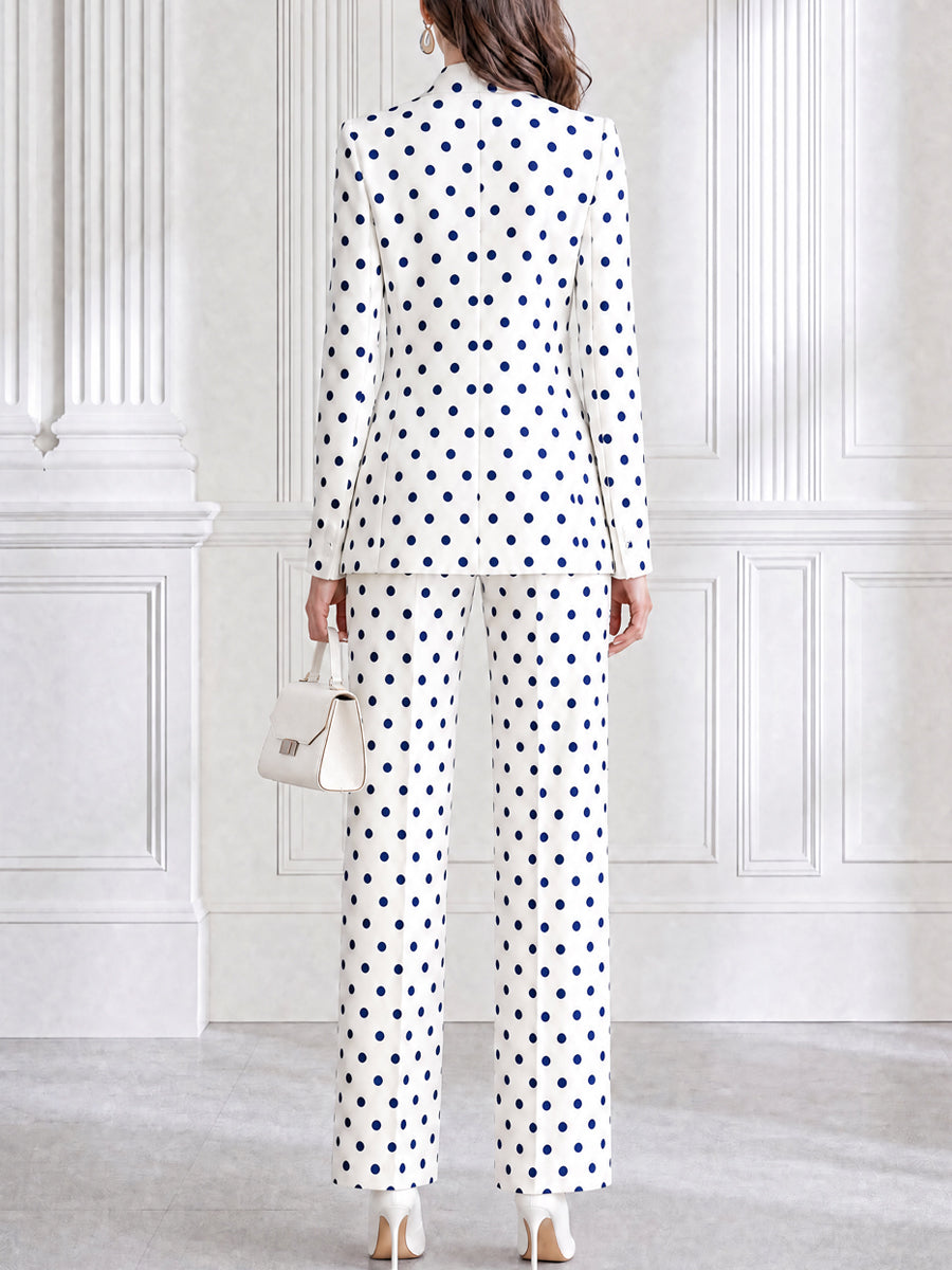 Ivory And Navy Polka Dot Tailored Blazer & Straight-Leg Pants Set