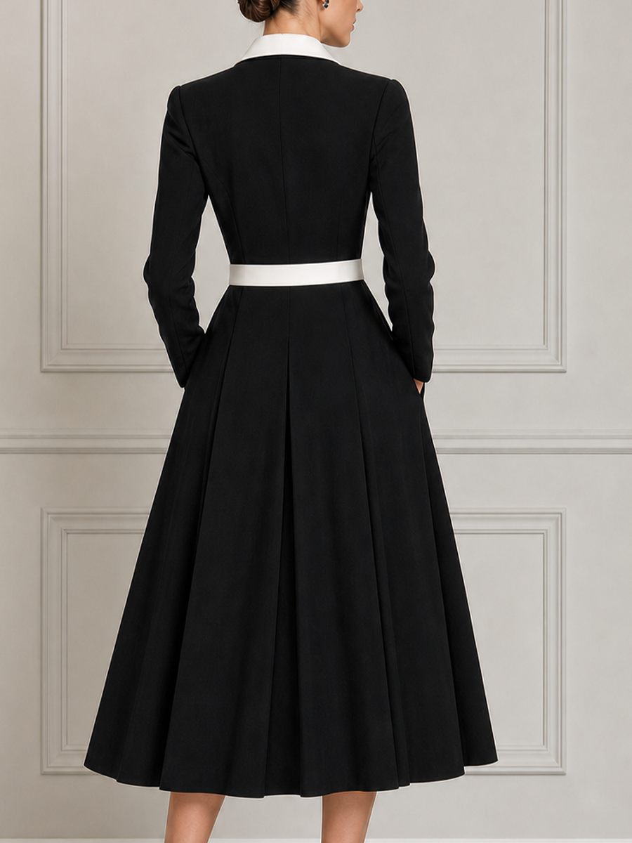 Black White Contrast Lapel Belted Pleated A-Line Blazer Midi Dress